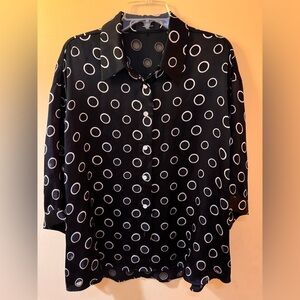 AUM Black Sheer Button-Up Blouse with White Circle Print